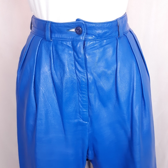 VINTAGE Vakko High-Rise Leather Pant S 4-6 Bright Blue - Picture 4 of 11